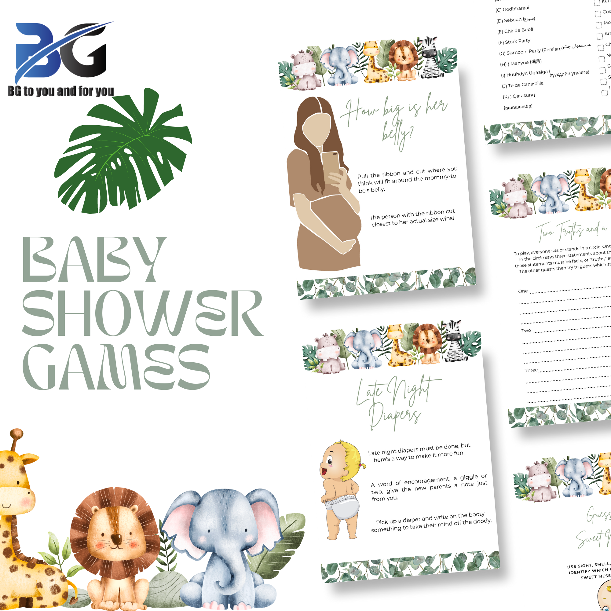 Greenery Safari Jungle Baby Shower Game Bundle